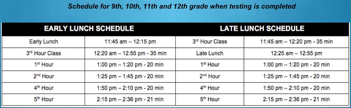 SkylineMathO's tweet photo. Skyline students, here is your class schedule for the testing days, next Tuesday and Wednesday. (April 10th and 12th) https://t.co/BFx7rmzZpA