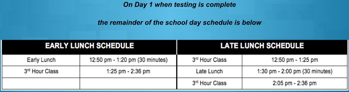 SkylineMathO's tweet photo. Skyline students, here is your class schedule for the testing days, next Tuesday and Wednesday. (April 10th and 12th) https://t.co/BFx7rmzZpA