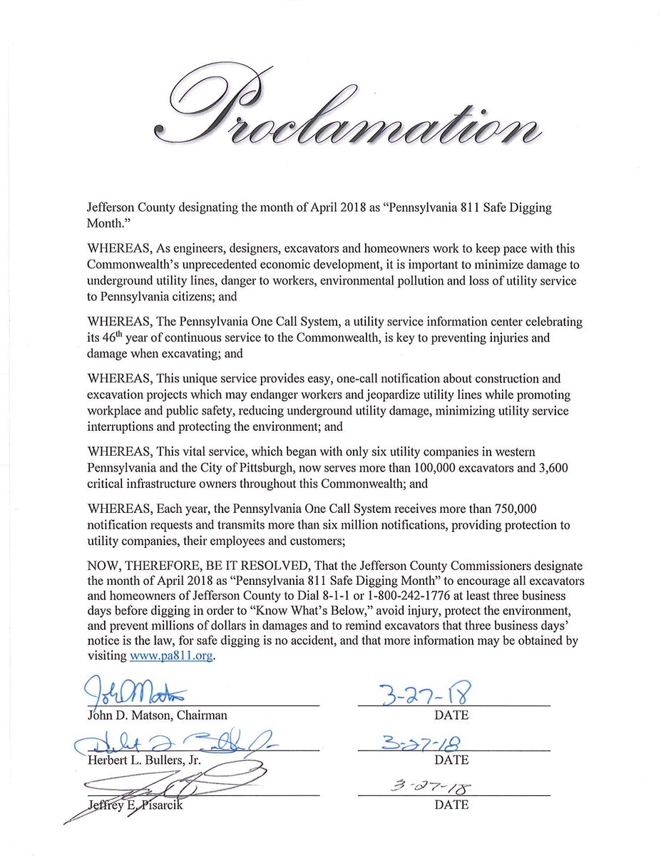 Pennsylvania811's tweet photo. Thank you to Jefferson County Commissioners John Matson, Herbert Bullers, Jr., and Jeffrey Pisarcik for designating April 2018 as "Pennsylvania 811 Safe Digging Month". We appreciate your support. #811PAProclamations #Call811 #NSDM #811Partners https://t.co/aRvdcBc584 https://t.co/oqm6ObED5n