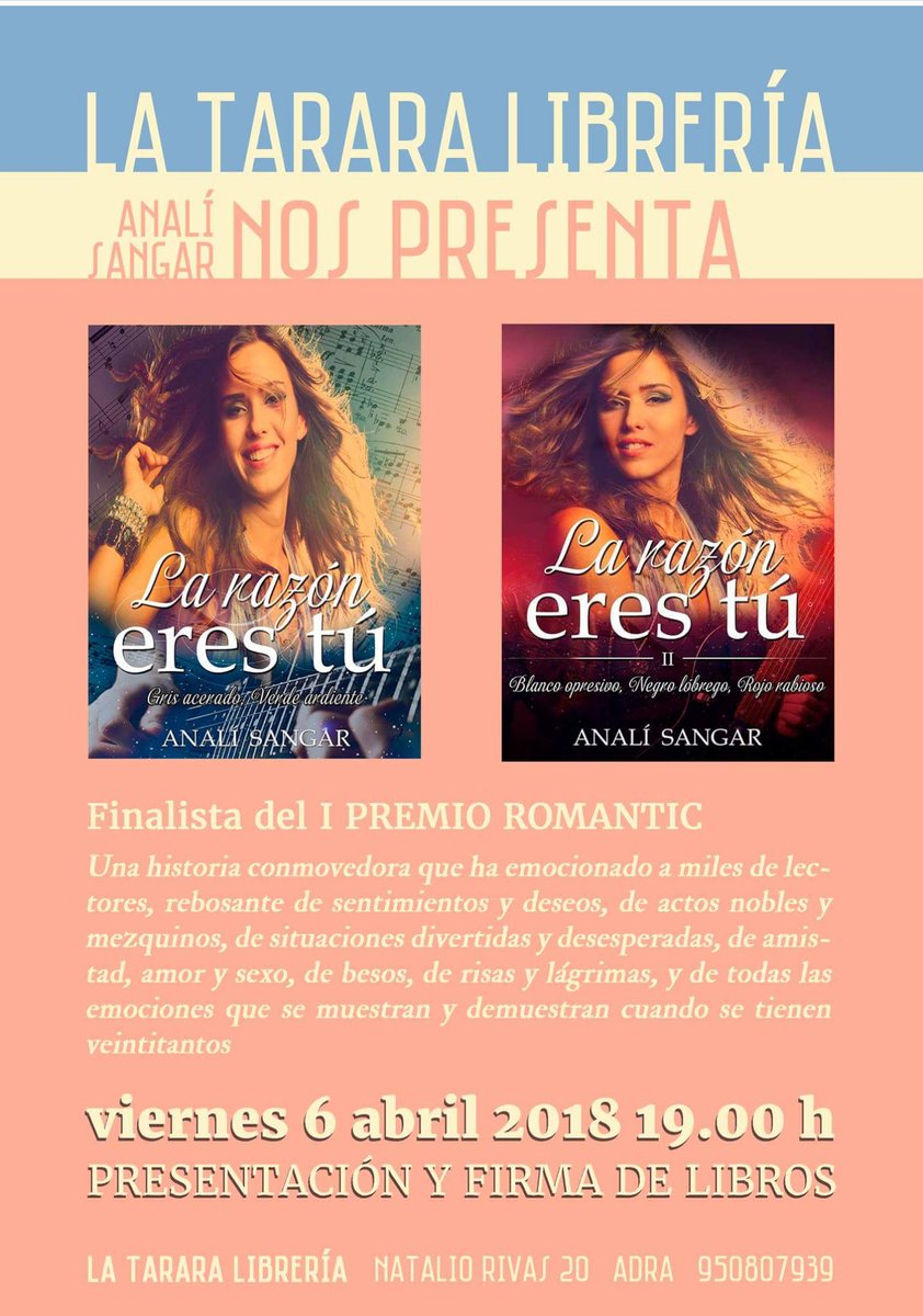 analisangar's tweet photo. ¡Buenas tardes!
El viernes 6 a las 19.00 horas presentaré mi bilogía #LaRazonEresTu en @LaTararaLibros
@romanticedicion #raticoscongenteguapa #lecturas #romantica #ilusionmodoon https://t.co/GiDaynPhgi