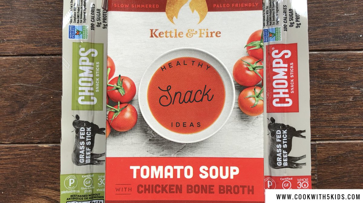 cookwith5kids's tweet photo. We tried 2 new healthy snacks from the @DiscoverLMS box. Yummy tomato soup from @kettleandfire & snack sticks from @gochomps These are great high protein options 4 #paleo2018 #glutenfree snacker. #discoverLMS #simmerandsip #paleofriendly #ad #chomps #kettleandfire #HealthyEating https://t.co/mAScTRKQCu