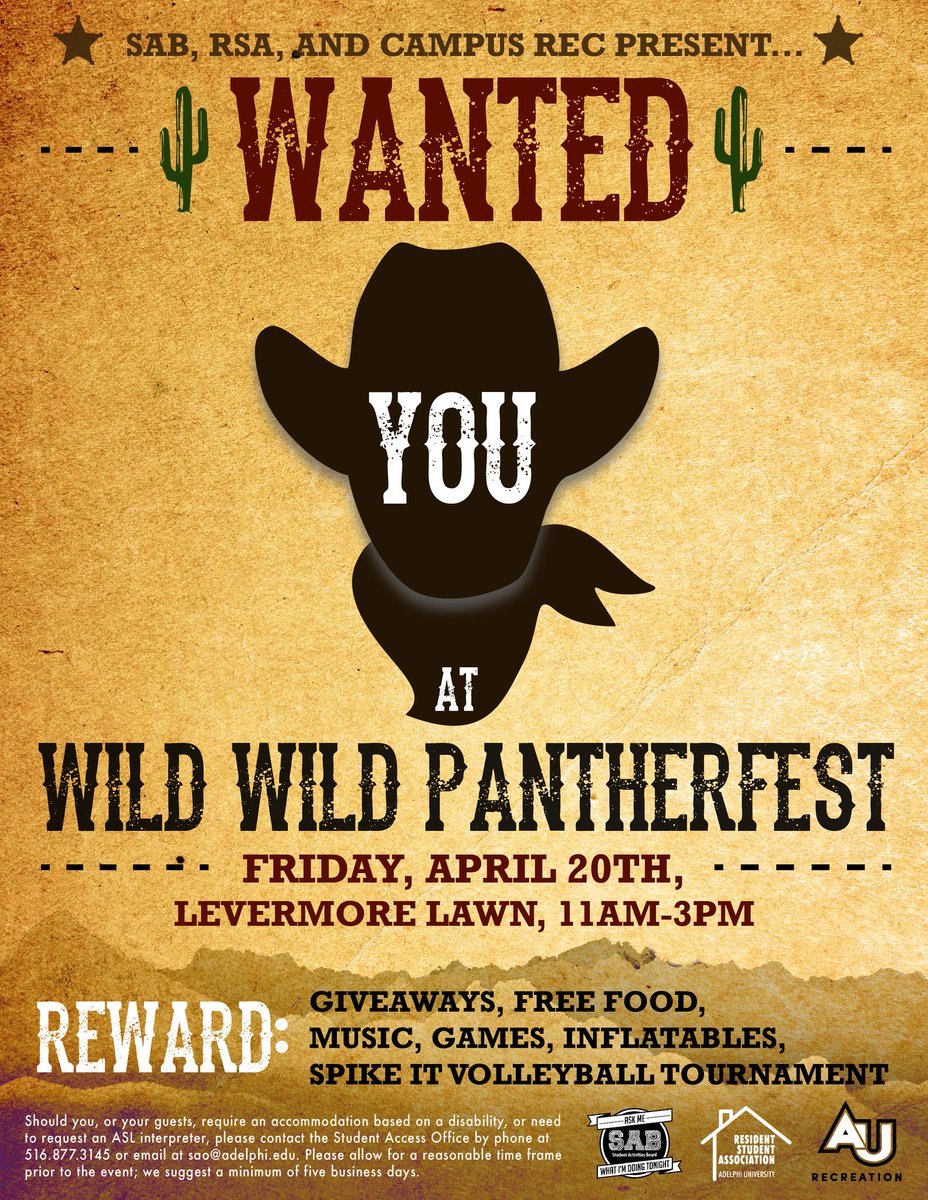 AdelphiSAB's tweet image. You're wanted at one of the biggest event of the year, Wild Wild Pantherfest! Mark your calenders for Friday, April 20th 11-3 on Levermore Lawn because you won't want to miss this western themed party! Tons of free food! #AdelphiSAB