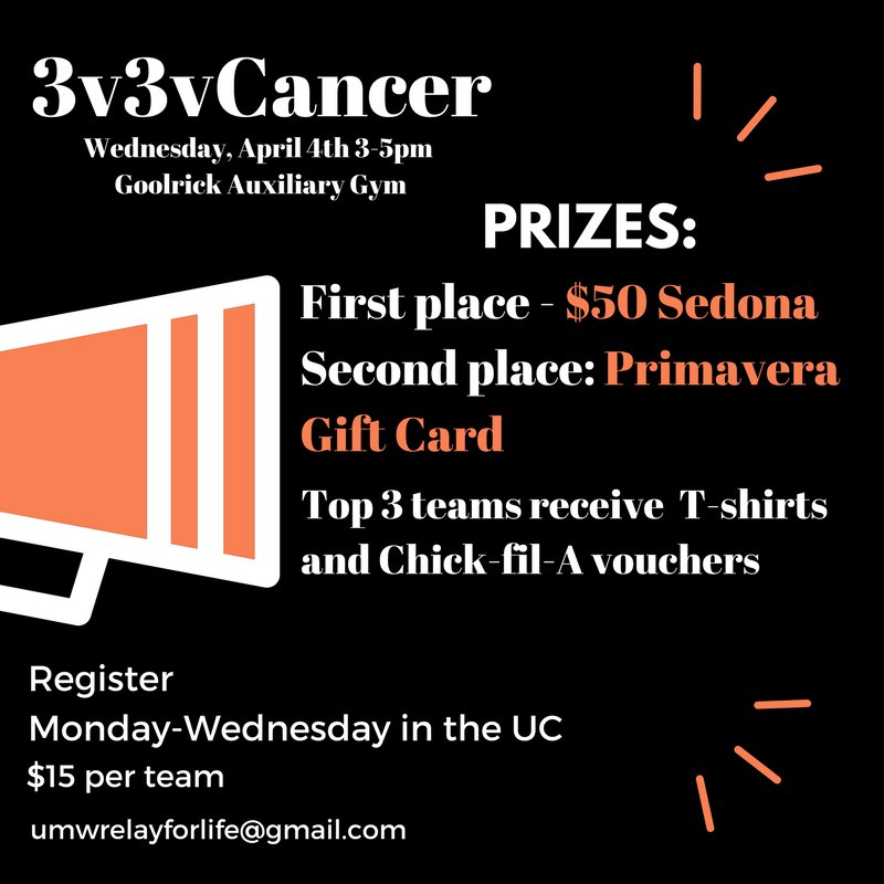 RelayForLifeUMW's tweet photo. Dunk on cancer with relay for life! 3v3vCancer is TODAY! Come shoot some hoops for your chance to win some awesome prizes. https://t.co/cvLSCrHdtW