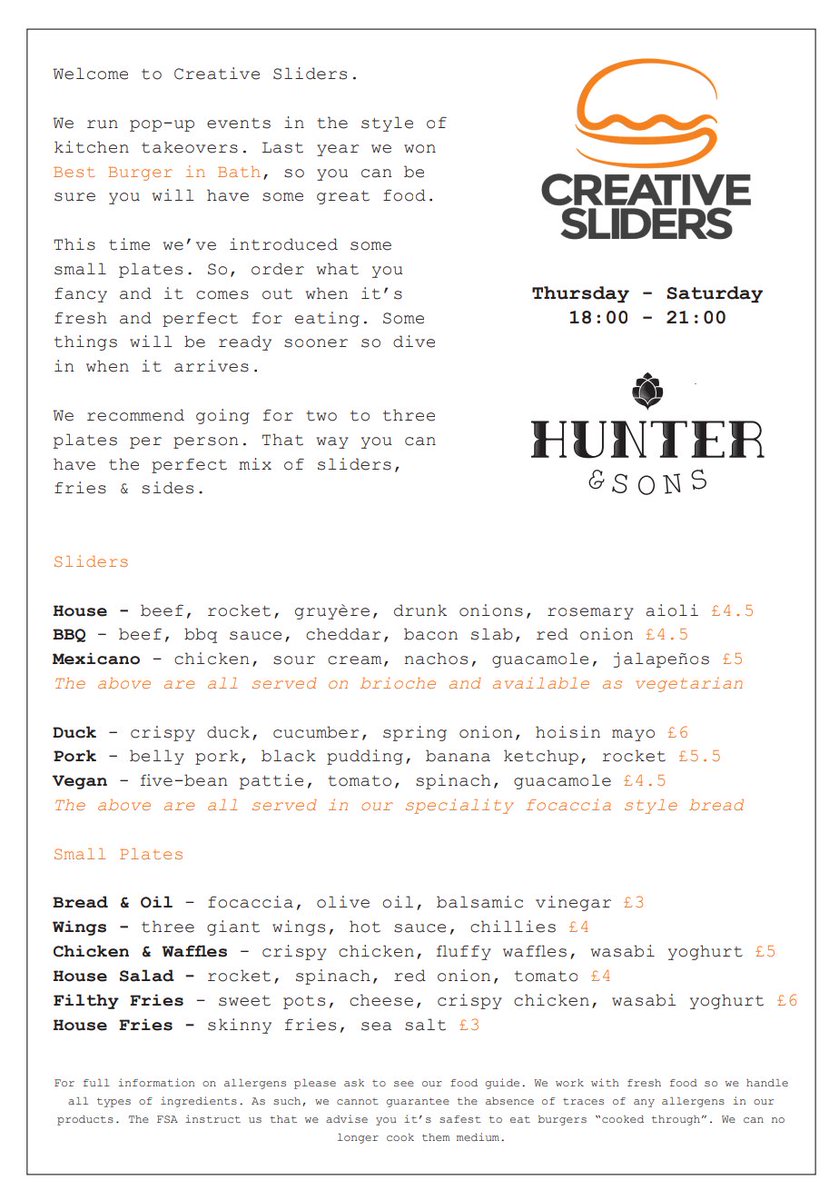 CreativeSliders's tweet image. New venue, new menu &amp;amp; new layout. @Hunter_Sons menu has sliders for everyone, small plates for all and all the fried chicken you could ever want. It kicks off tomorrow. Can't wait to see you!