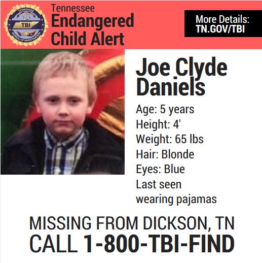 TBInvestigation's tweet photo. We have some more photos of Joe Clyde Daniels, the endangered child missing from Dickson. He's 5 years old, is non-verbal, and autistic. He was last seen at his home in Dickson Tuesday night, wearing his pajamas. Please RT, and call 1-800-TBI-FIND if you see Joe. https://t.co/b2P2I5wh7s