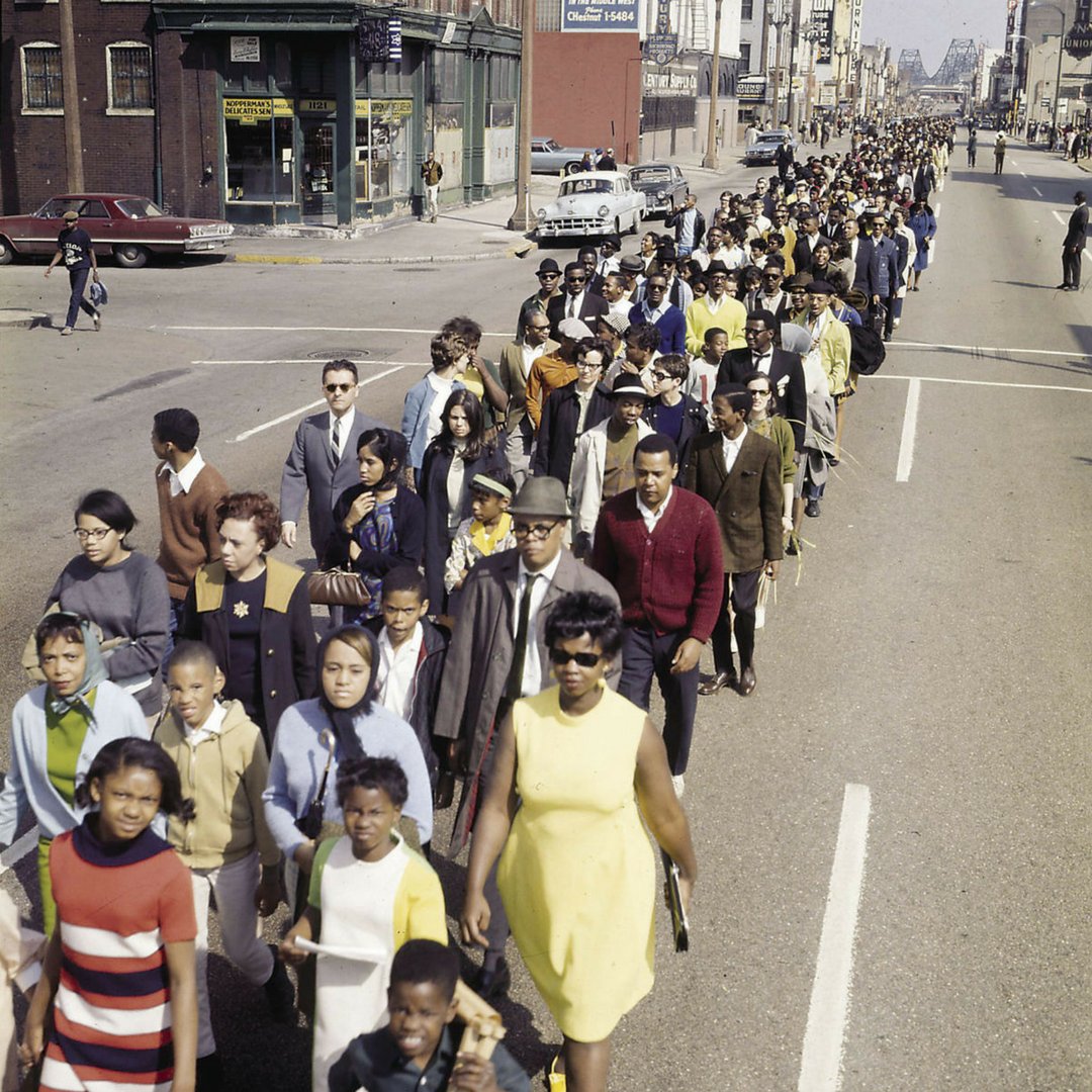 STLBlkCulinary's tweet photo. Remembering #MLK50 #STL the day after #MLK assassination 
Marchers going west on Franklin near Tucker - April 5, 1968
#weshallovercome STL was one of the city's where there was no rioting.  
Photo credit: Post-Dispatch files. https://t.co/rBTTsFs1gI