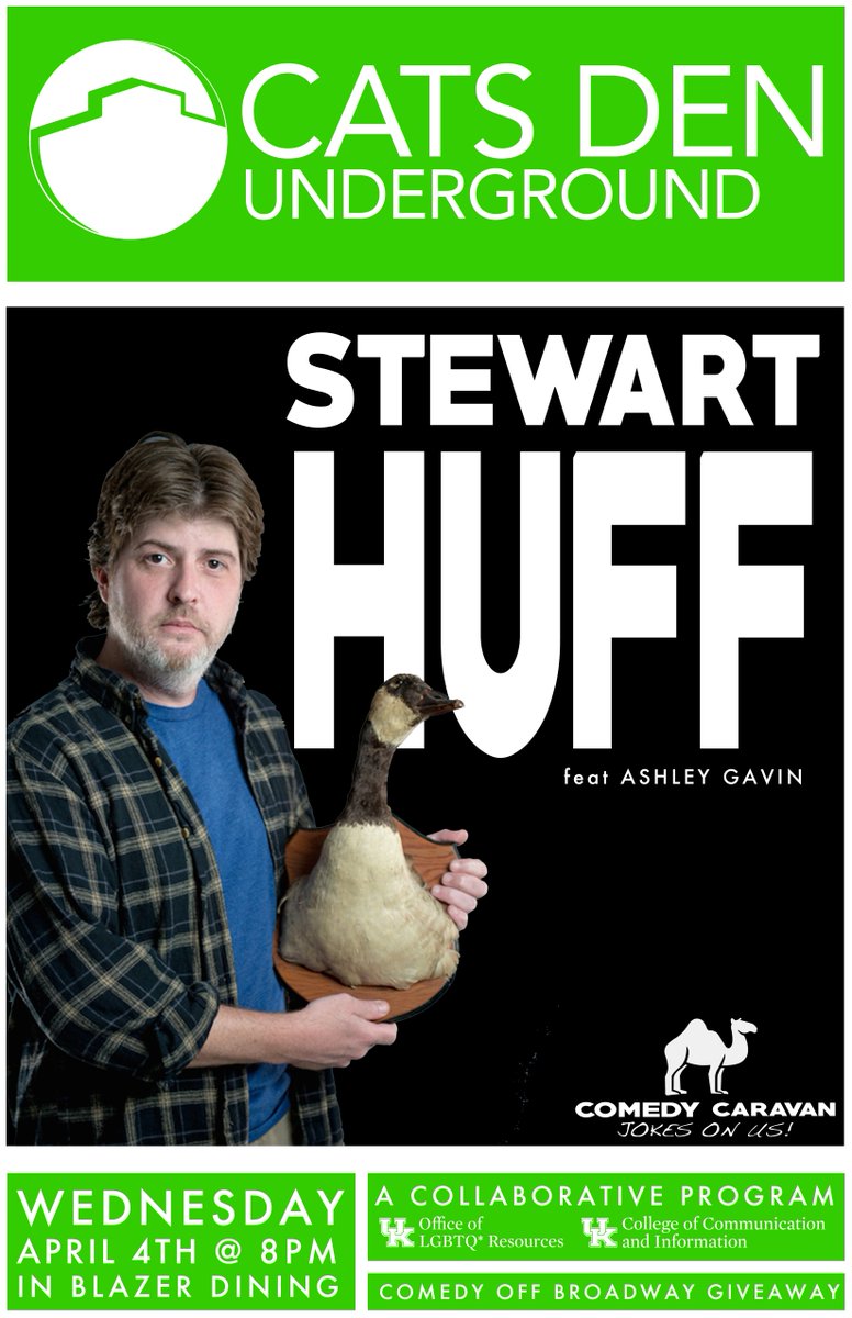uk_ci's tweet photo. Our Diversity &amp; Inclusion Committee is pleased to join with the Office of LGBTQ* Resources  to present a night of comedy.
 
Join us TONIGHT in the Cats Den Underground. Comedian Stewart Huff  (opened by Ashley Gavin) will make you laugh (and think). Free / open to the public. https://t.co/9hqICvOsh3
