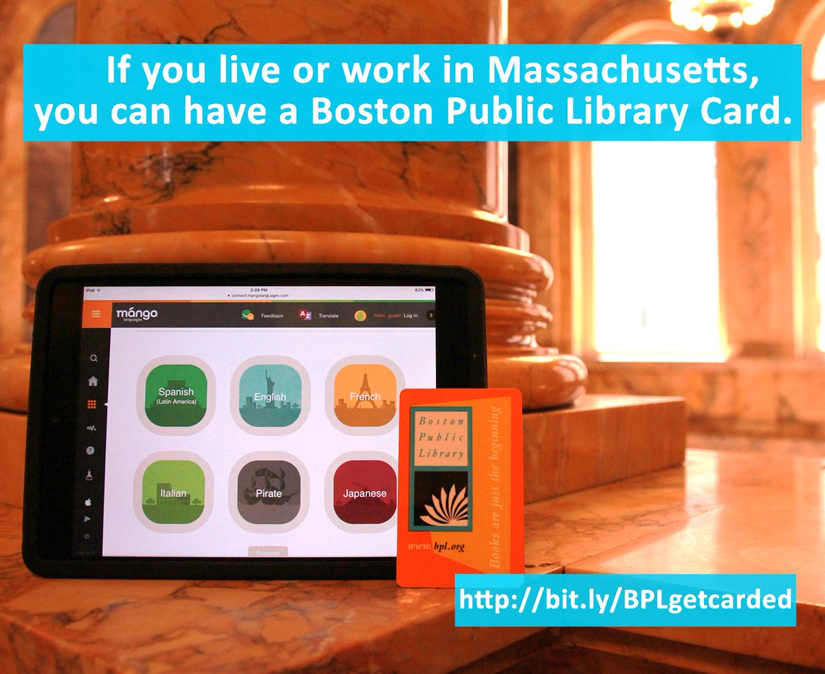 BPLBoston's tweet photo. If you live or work in #Massachusetts, you can explore, learn, read, access resources, gather, grow, and more with a #Boston Public #Library card. Learn how to get one here: https://t.co/VX5hJVu9yW https://t.co/bj9fAbfkVe
