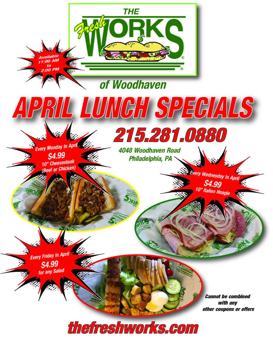 TheFreshWorks1's tweet photo. Today's  lunch special....$4.99 half italian hoagie!! Available from 11-2, no coupon needed, no limit!! Checkout our other April lunch specials!! Call 215-281-0880 https://t.co/I3JGnyev57