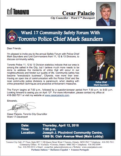 Join us on April 12 at 7:pm for a town hall meeting with .@marksaunderstps .<a href="/TorontoPolice/">Toronto Police</a> .@SSuptMarioTPS .<a href="/TPSChrisBoddy/">Chris Boddy</a> .@DoucetteWard13 #toronto .<a href="/anabailaoTO/">Ana Bailão</a> <a href="/TPSOperations/">Toronto Police Operations</a> #davenport #toronto #bloordale #bloor #the6