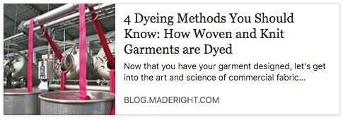 maderightHQ's tweet photo. Ever wonder how fabrics are dyed? Find the 4 most common commercial dyeing methods for woven and knit garments. https://t.co/vTurrk7NRc https://t.co/6AO4hyp5dz