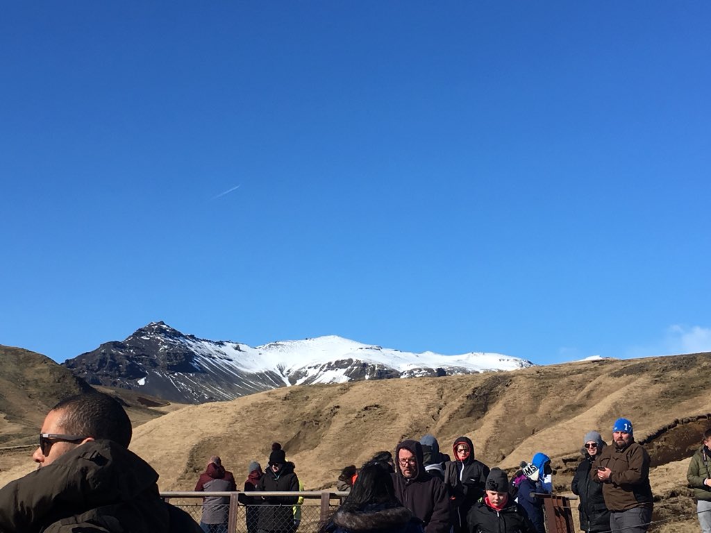 HighdownIceland's tweet photo. Another day of adventure with a visit to skogarfoss waterfall and views of the Eyjafjallajokull volcano peak https://t.co/vQ7pO5pPah