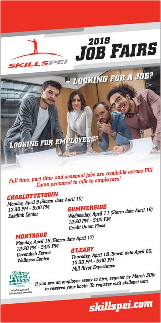 2018 <a href="/skillspei/">SkillsPEI</a> #Job Fairs. Mark these dates in your calendar! 
<a href="/ChtownPE/">City of Charlottetown, PE</a> April 9th; <a href="/summersidePEI/">City of Summerside</a> April 11th; @MontaguePEI April 16th; and O'leary April 19th (12:30-5 pm). #jobseekers #employers #pei skillspei.com