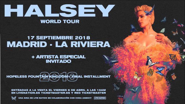 LiveNationES's tweet image. 🦋 ¡HALSEY (@halsey) ofrecerá un concierto en La Riviera de Madrid el próximo 17 de septiembre! 🦋
Preventa mañana jueves a las 10 a.m. en livenation.es
Entradas a la venta el viernes 6 de abril a las 10 a.m. 
Más info 👉goo.gl/jdQTtf