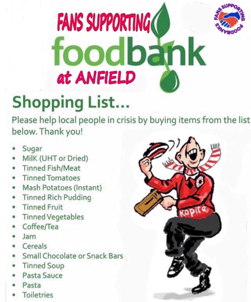 Red_Neighbours's tweet photo. If you’re at #Anfield for the #ChampionsLeague game against #ManCity this evening, please don’t forget your Foodbank donations. @SFoodbanks will be in the usual locations, two hours before kick-off:

🔴Fan Zone, Anfield Road

🔴Official Club Shop 

🔴Homebake

#YNWA #LiverpoolFC https://t.co/VFByKhQ6HR