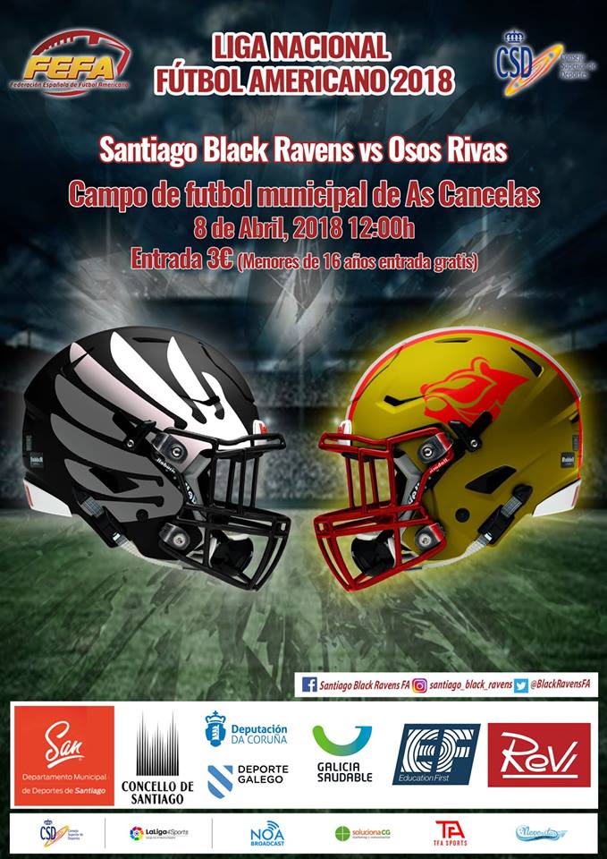 Esta fin de semana temos #fútbolamericano! 

🏈 Os Santiago Black Ravens FA mídense aos Osos Rivas Football Team nun novo partido da Liga Nacional de Fútbol Americano. 

🙌 #dxtsan #deporte #Comopstela #RavensNation
#enjoyfutbolamericano 
#PracticeHard #PlayStrong #LoveTheGame