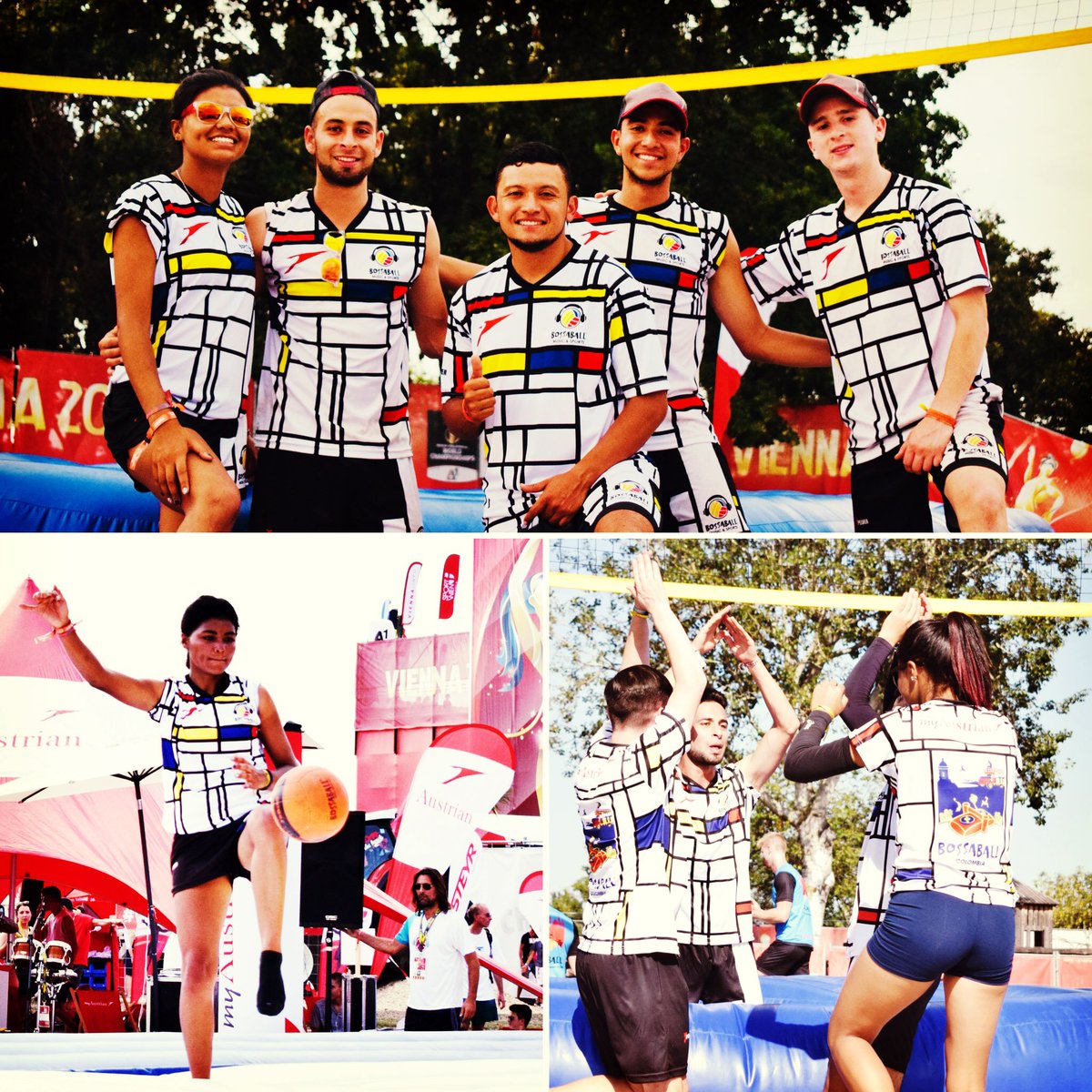 Bossaball's tweet photo. Does the design of these shirts ring a bell? Yep, @BossaballCol competed in #Mondrian inspired jerseys at our last international championship! And there are more examples where multifaceted #Bossaball interweaved contemporary art in sports: https://t.co/gAihT7OQA1 https://t.co/dmmEegtP2r