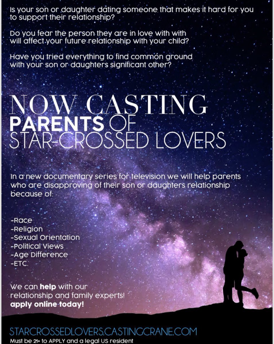 VengeanceMag's tweet image. 💥💥Listen up ATLANTA!! 
Now Casting “STAR-CROSSED LOVERS”
🎬📽🎬📽
starcrossedlovers.castingcrane.com
💫💫💫💫💫💫
In a new documentary series for television we will follow couples who are deeply in love but have family that disapprove of their relationship!!