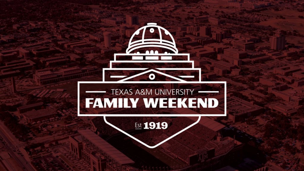aerial of campus with maroon filter with Texas A&M Family Weekend logo on top in white
