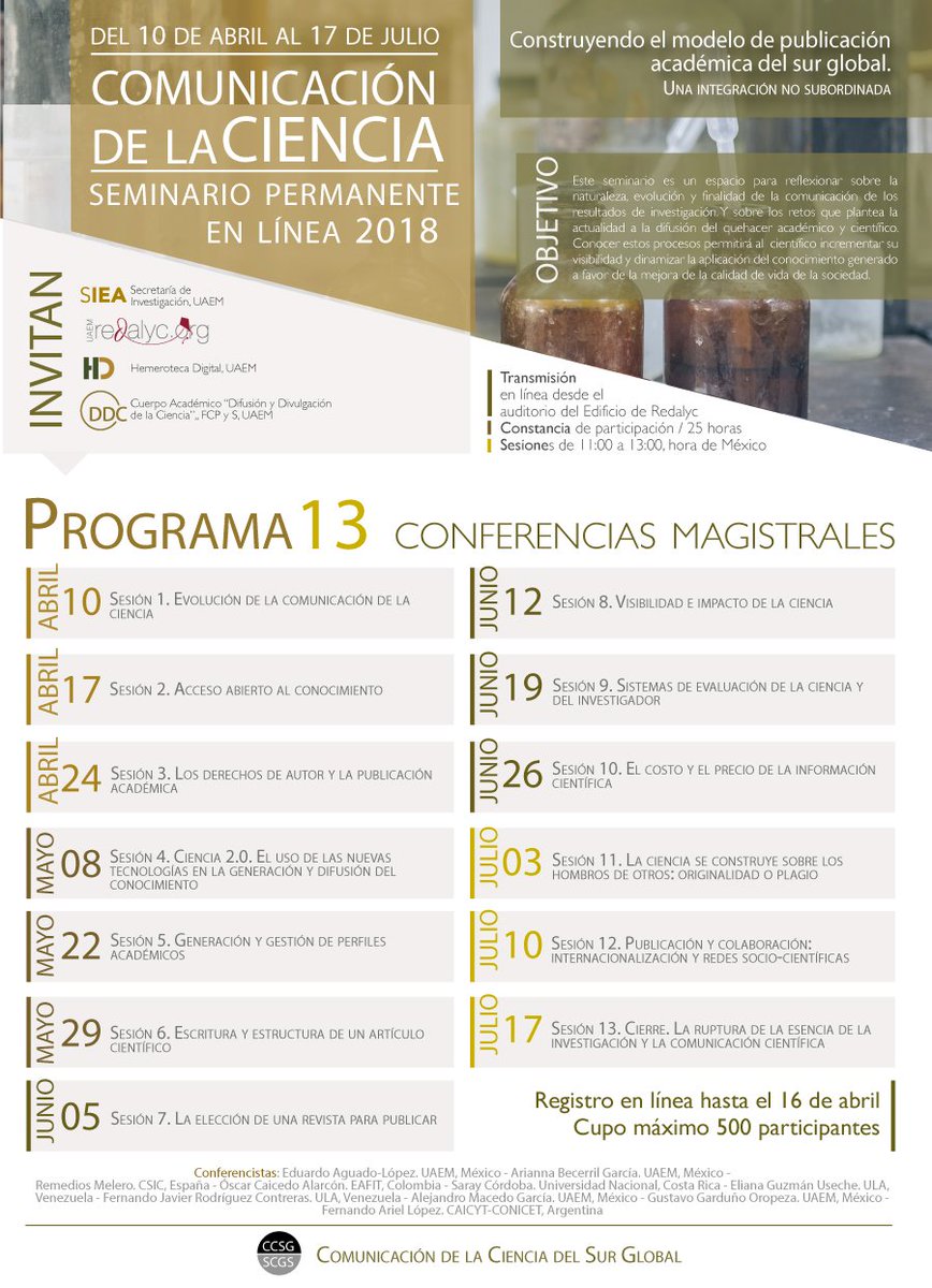 Redalyc's tweet photo. Alumnos, investigadores y académicos interesados en la #Comunicación de la ciencia, los invitamos a participar en el seminario permanente "Comunicación de la Ciencia". Inscríbanse antes del 16 de abril y únete a la discusión. Registro👉 https://t.co/kQB3qHUu6L  Cupo limitado. https://t.co/f32Fozcd86