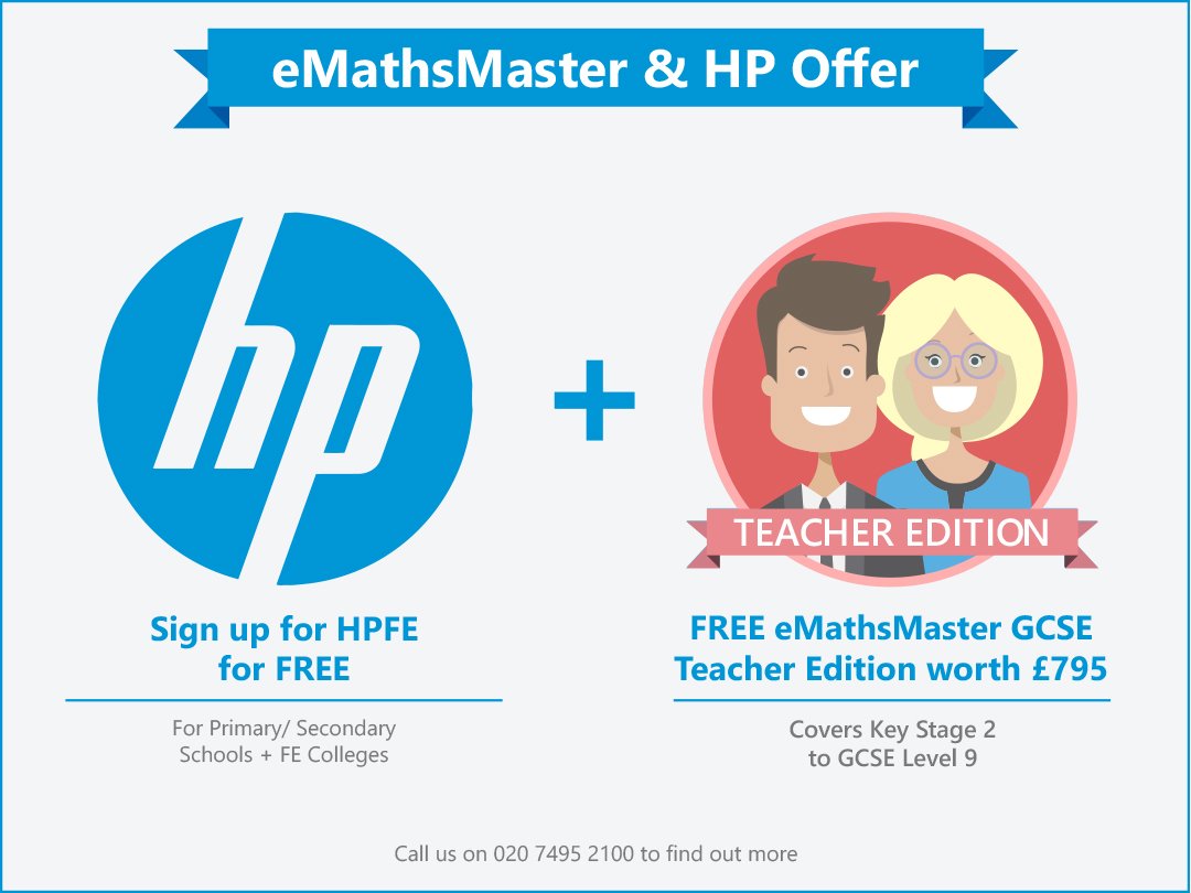 eMathsMaster's tweet photo. Thanks to @HP for EDU your school can receive a FREE #eMathsMaster online Maths Teacher Training licence. This offer is for a limited time only. 1 licence redeemable per School, T&Cs apply. Call us on 020 7495 2100 to find out more π #teachertraining #teachmaths #HPFE #HPFExeMM https://t.co/DYWqJJyEun