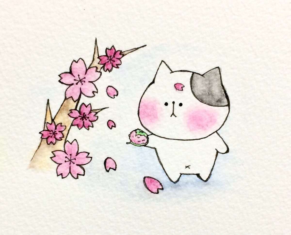 おこにゃん サクラと桜餅と餅のようなおこ サクラ 桜 桜餅 春 猫 ネコ ねこ イラスト 可愛い 手描き 癒し 絵描きさんと繋がりたい イラスト好きな人と繋がりたい Cats