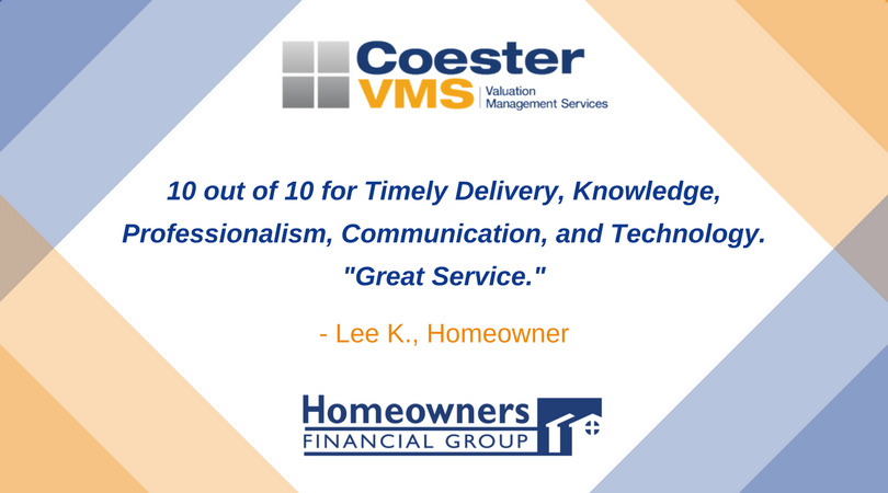CoesterVMS's tweet photo. Thank you Lee for the positive review! We are glad you had a great appraisal experience using CoesterVMS and @homeownersfg . #CoesterVMS #PositiveReviews #HomeownersFinancial https://t.co/mUOgosTgRZ