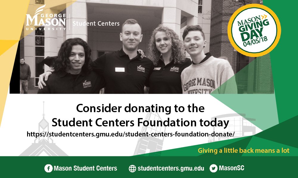 masonsc's tweet photo. April 5 is Giving Day. Consider making a donation to Student Centers. To find out how, see https://t.co/54oT0o0cRi
#iamstudentcentered #MasonStudentCenters #gmu #SmallCanBeBig https://t.co/bFqjjYoClT