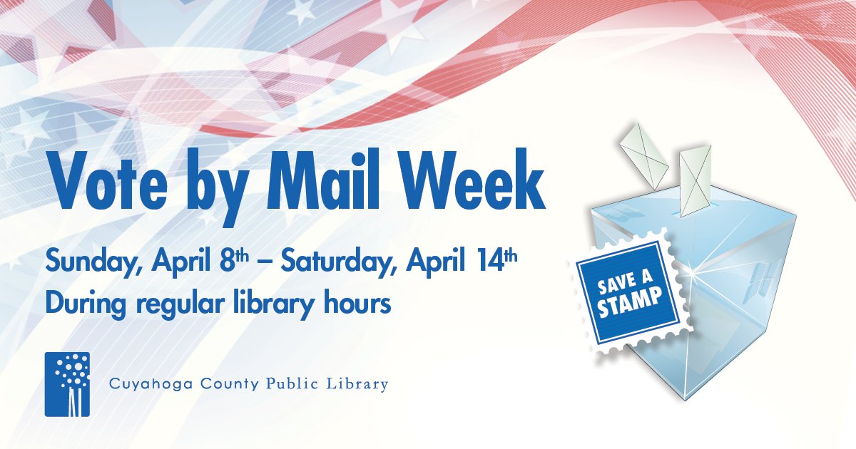 CuyahogaLib's tweet photo. April 8 -14 marks #Vote by Mail Week at our branches. Save a stamp by leaving your vote-by-mail application with us for the May 8 Primary Election. https://t.co/tNpOdkvbAL
@cuyahogaboe #saveastamp #votebymail https://t.co/YlLqrDti5G