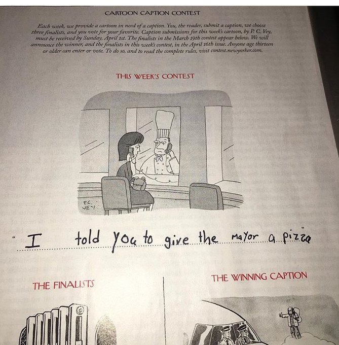 Everything is terrible but my cousin’s 9-year old daughter Alice has been quietly and masterfully slaying the @NewYorker’s caption contest and it’s pure delight. https://t.co/Lhzmq7Pnsb