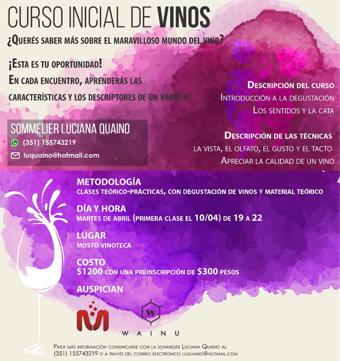 MostoBebidas's tweet photo. #Abril es para realizar tu #CursoInicialDeVinos de la mano de la Sommelier Luciana Quaino.
Para reservar su lugar, informarse y aprovechar esta agradable oportunidad pueden contactarse con Luciana al 351 5743219 o desde su email luquaino@hotmail.com https://t.co/cP2Nq4AeY1