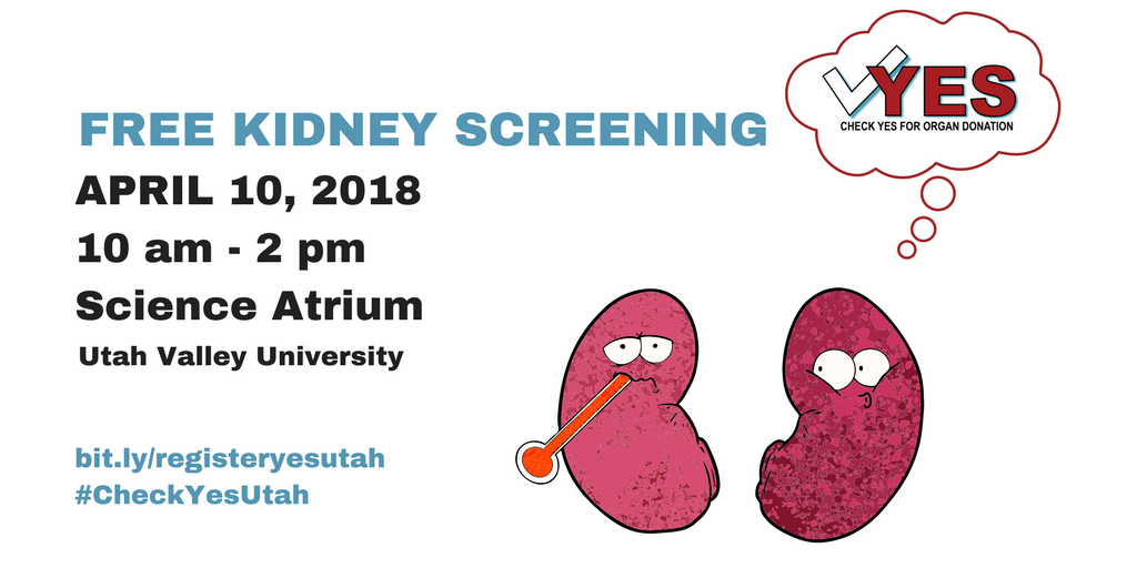 UVUcomm's tweet image. #UVU COMM student campaign @CheckYesUT will be offering Free kidney testing for students and faculty at the #CheckYes fair on April 10th through the Utah Kidney Foundation.  Stop in for free @Sodalicious cookies and to learn more about #organdonation