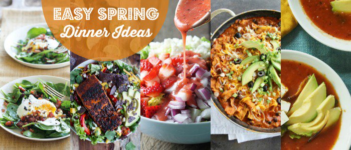 Easy Spring Dinner Ideas! Chicken enchilada skillet, a tortilla soup, a spinach pancetta salad, a salmon fajita salad, and a strawberry chopped salad #recipes #springrecipes #mealplanning #rainbowdelicious   rainbowdelicious.com/easy-spring-di…