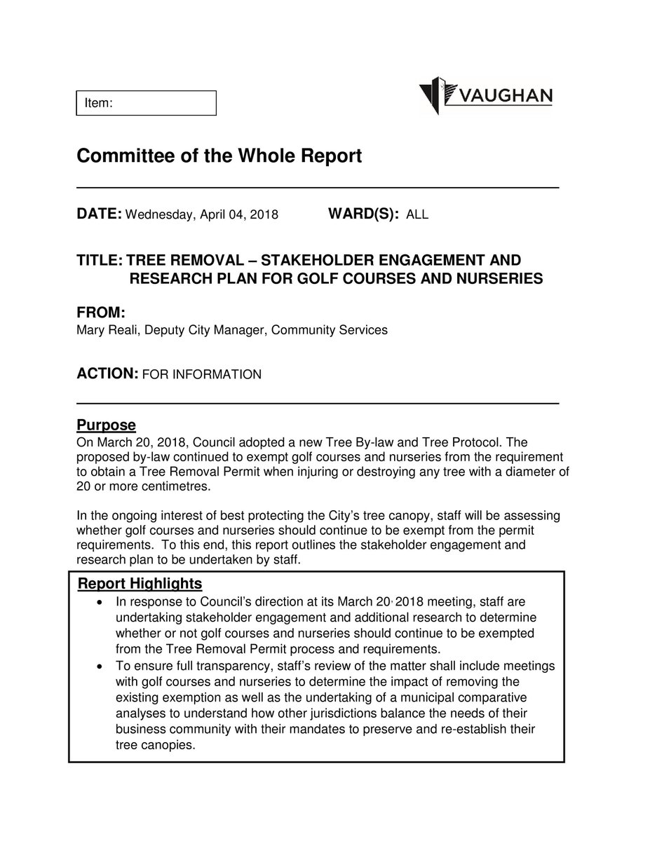 KVaughanGreen's tweet photo. Today the last agenda item on the Committee of the Whole at 1pm is the  stakeholder engagement for Tree removal policies on Golf courses and  nurseries.  #savetheboard #GolfNews #vaughanpolitics #woodbridge #golf @richardlorello @njaved @TimsterKelly @ONresources #vaughan https://t.co/HmElt802LM
