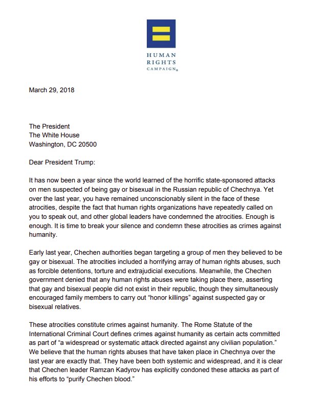 HRC President Chad Griffin pens letter to Donald Trump on anti-LGBTQ attacks on Chechens
