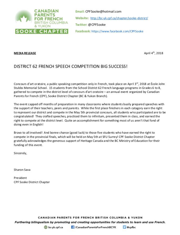 MEDIA RELEASE #Sd62 #French #NationalCompetition @CPFConcours @cpfbc @SD62_Sooke