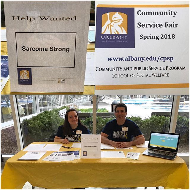 SarcomaStrong's tweet photo. Here at the UAlbany Community Service Fair today! Grateful for our three volunteers this semester and the support of UAlbany!! .
.
.
.
#sarcomastrong #sarcomastrong5k #sarcomastrong5k2018 #sarcomaawareness #unitethefight #UAlbany #CPSP #CommunityServiceFair #universityatalbany https://t.co/9ml4m463tG