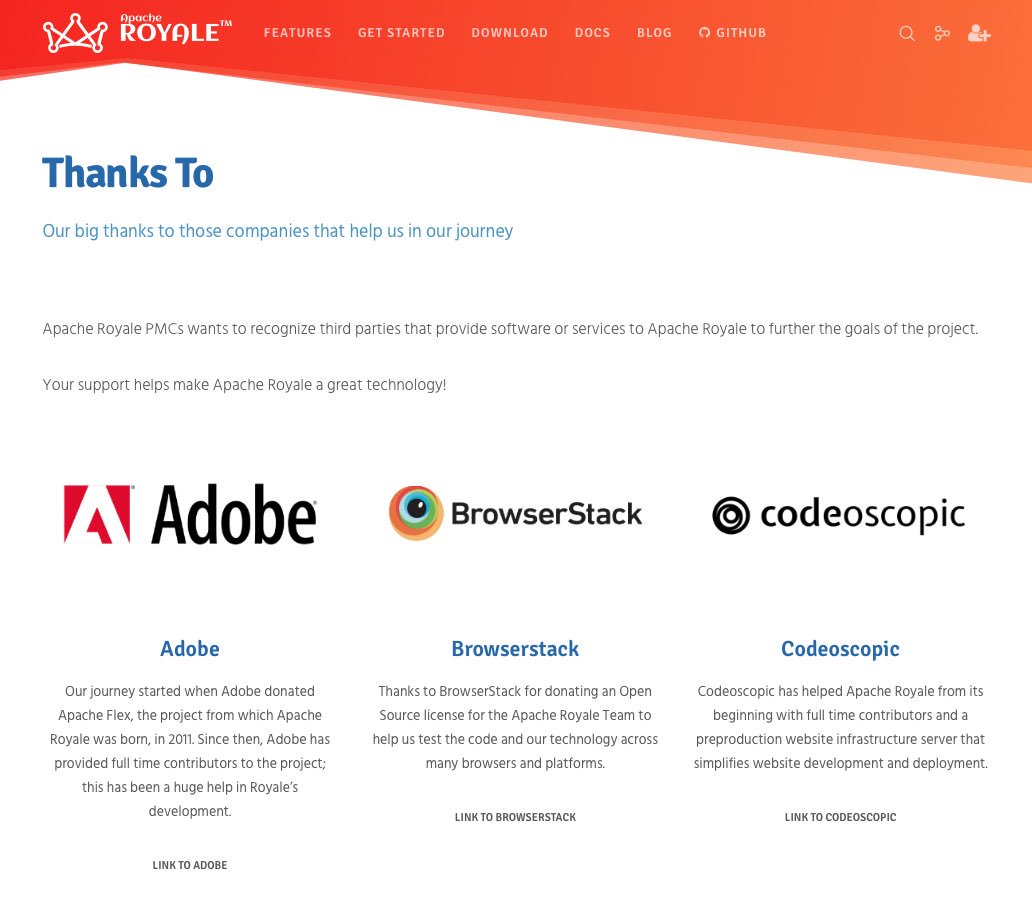 codeoscopic's tweet image. Thanks to #ApacheRoyale for mention us in #thanks-to page!! Thank you all for such great project! royale.apache.org/thanks-to/