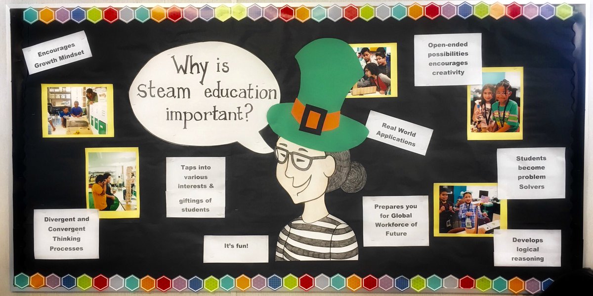 One of our bulletin boards with a surprise portrait made by our lovely art teachers, complete with a sneaky St. Patrick’s day surprise. Silliness aside, read why we <a href="/DogwoodFairfax/">DogwoodES FairfaxVA</a> value providing a culture of creativity and critical thinking through STEAM experiences.