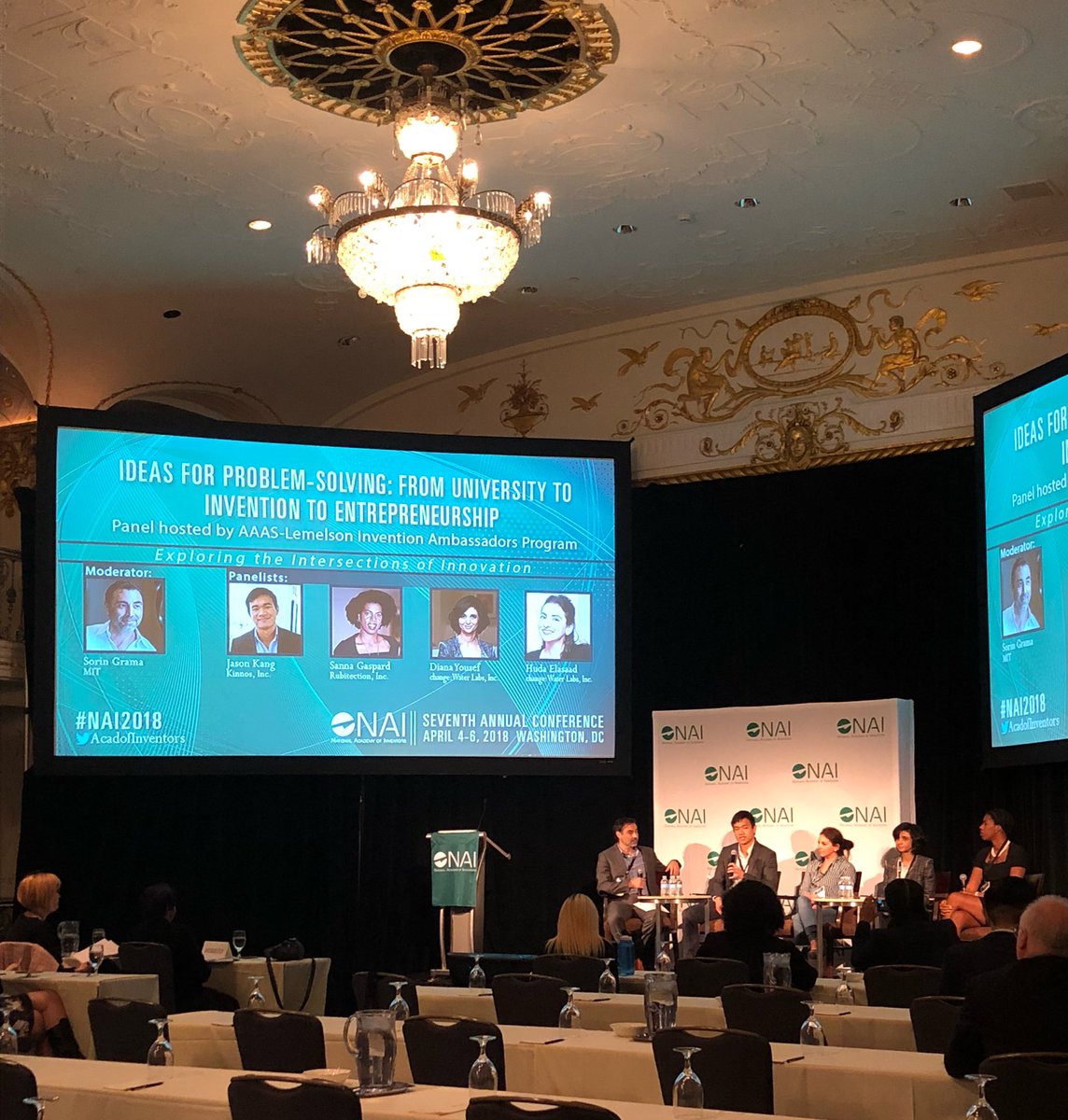 Moderator Sorin Grama and panelists Huda Elasaad, Sanna Gaspard, Jason Kang and Diana Yousef discuss how universities, invention &amp; entrepreneurship can solve wide-ranging problems #NAI2018