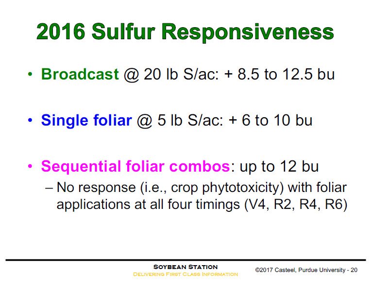 #Sulfur on soybean yield data from Dr. Shaun Casteel at <a href="/PurdueAgronomy/">Purdue Agronomy</a>. Dr. Casteel also provides recommendations for #Soybean in 2018 here: bit.ly/2GWKX7I. Something worth considering. Thank you for the research!