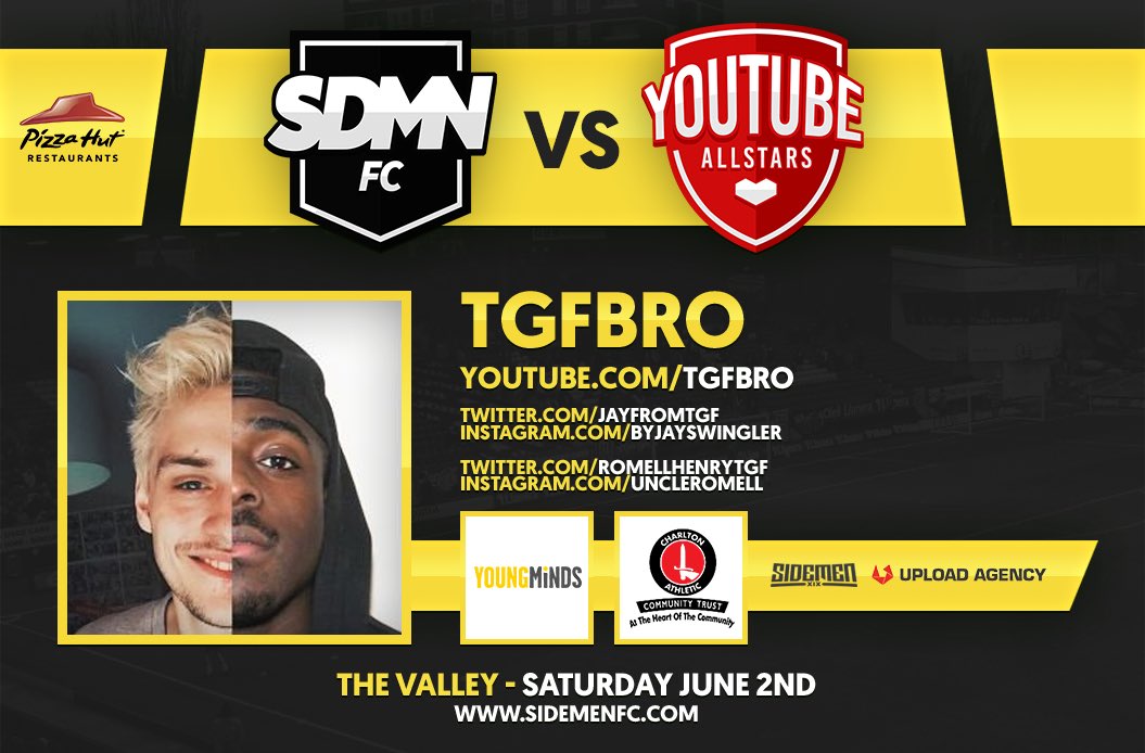 Pleased to announce more debut players to this years @SDMNFC charity match in the form of @JayFromTGF & @RomellHenryTgf from @TGFbro!      

Get your tickets here: sidemenfc.com