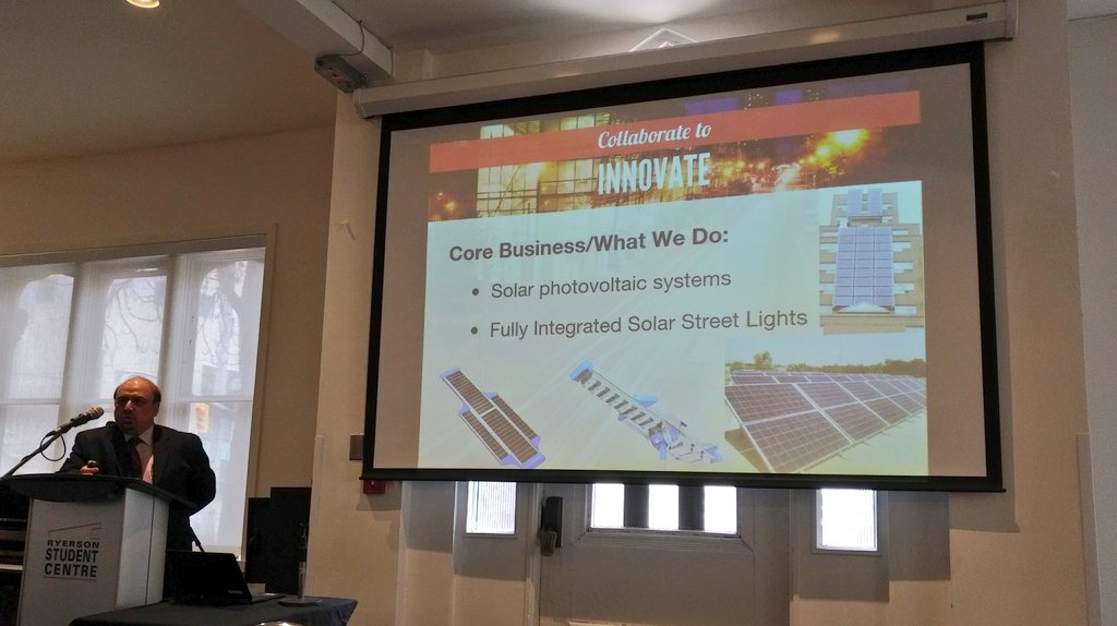 CEO of SolarGrid Energy Ijaz Rauf presenting award winning design work using solar panel technology @RyersonU NanoMixer @RyersonResearch @ARCRyerson #partnerships #partnerwithus