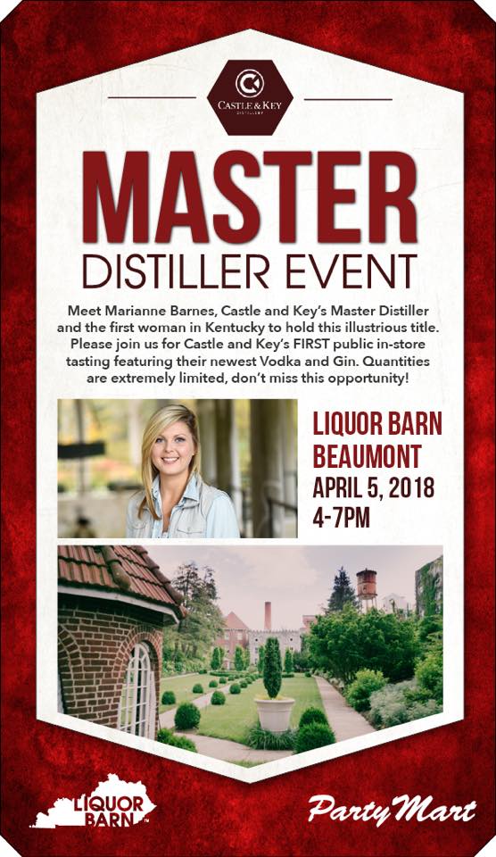 Join us for a <a href="/castleandkey/">Castle & Key</a> tasting and bottle signing with Kentucky Bourbon’s First Female Master Distiller, Marianne Barnes! This is happening TOMORROW April 5th from 4pm-7pm at our Beaumont location. Don’t miss this opportunity! RSVP here: bit.ly/2uLwF5f