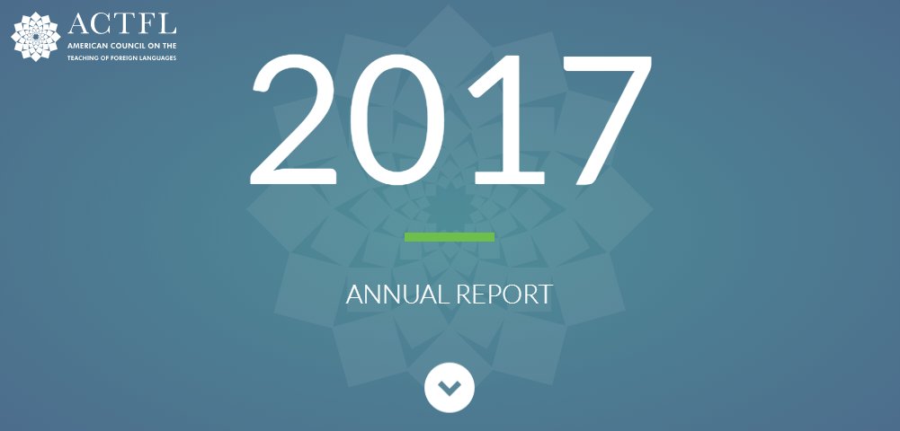 actfl's tweet photo. Our 2017 Annual Report is out! Check out our performance metrics, financials, program offerings, a recap of @LeadWLanguages' debut, and of course, #ACTFL17 and Ms. @yingjin. https://t.co/igf1oSRIyB (this link works, we swear) https://t.co/gP8SMmCpuz