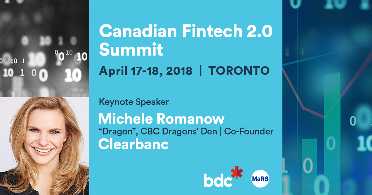 BDC_Capital's tweet photo. Join serial entrepreneur and @CBCDragon @MicheleRomanow, co-founder of @Clearbanc, at the Canadian Fintech 2.0 Summit, April 17-18 in Toronto. ➡https://t.co/EKJRM6NRHu #BDCfintech #fintech https://t.co/e4KSklae8p
