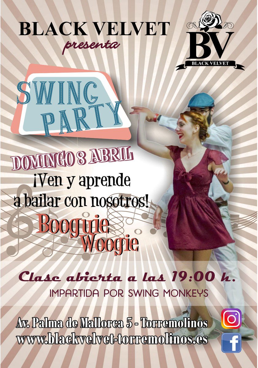 BLACKVELVETTO's tweet photo. Domingo 8 abril, a partir de las 19:00 h ven a bailar swing!!!!! 2 Clase de iniciación y demostración, además nuestros profesionales os ayudarán a poner en práctica lo aprendido.

Os esperamos!!!!! https://t.co/FWJj70oFmm