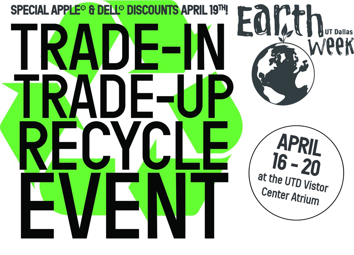 utdrecycling's tweet photo. The countdown to Earth Week has begun! Take advantage of this awesome E-Waste Recycling event at the Tech Store! #utdallas #utdearthweek #WastelessWednesday https://t.co/EF9dKosJ7v