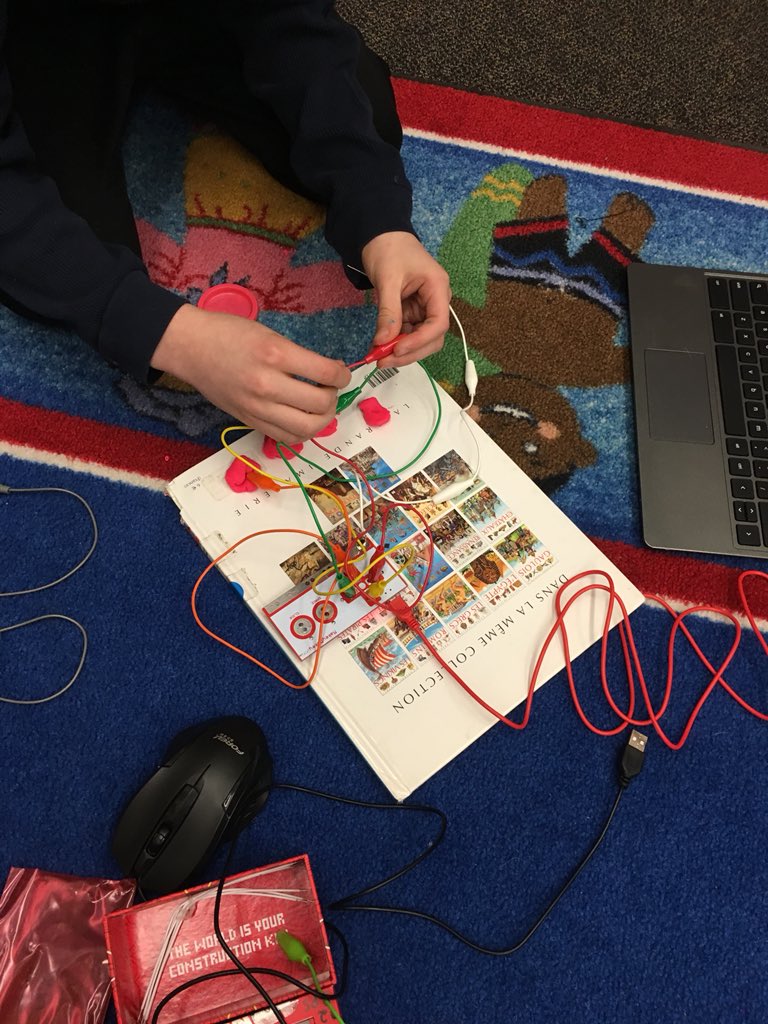 Mme_Renee's tweet photo. Added @makeymakey to Scratch Coding Club today -Interesting to see how each Ss learning style comes out when something new is added! Some dive right in hooking up clamps &amp; adding play doh while others seek step by step instructions- All agree: “This thing is sooo cool!” 😎👍🏼🎮 https://t.co/0KKGYS4li3
