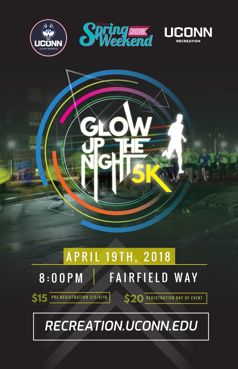 UConnRec's tweet photo. Have you signed up for Glow Up the Night 5K yet?  Start Spring Weekend on the right foot (and then left)!! More info @ https://t.co/MlKl461x12 https://t.co/6Yvoh6RzE0